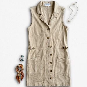 Carly Jean Los Angeles Tan Denim Button Front Vest Dress Sleeveless Frayed Hem S